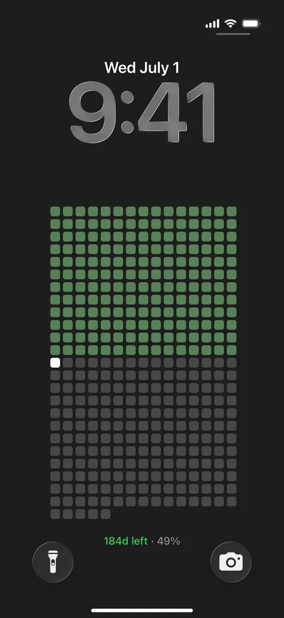 iPhone lock screen showing a GitHub-style contribution graph of daily habits filling in green, with a '184 days left · 49%' line