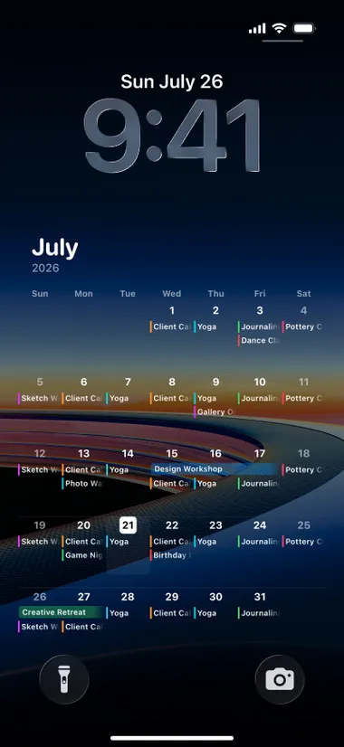 iPhone lock screen: a month calendar over a photo of Apple Park at dusk