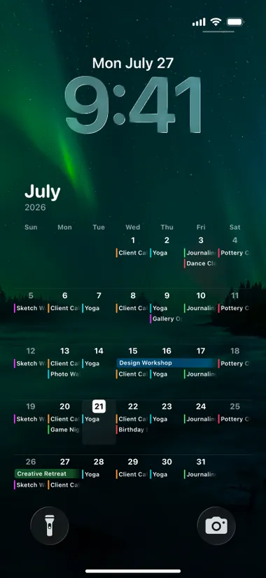 iPhone lock screen: a month calendar over a photo of green aurora above a river