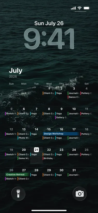 iPhone lock screen: a month calendar over a photo of a teal ocean wave