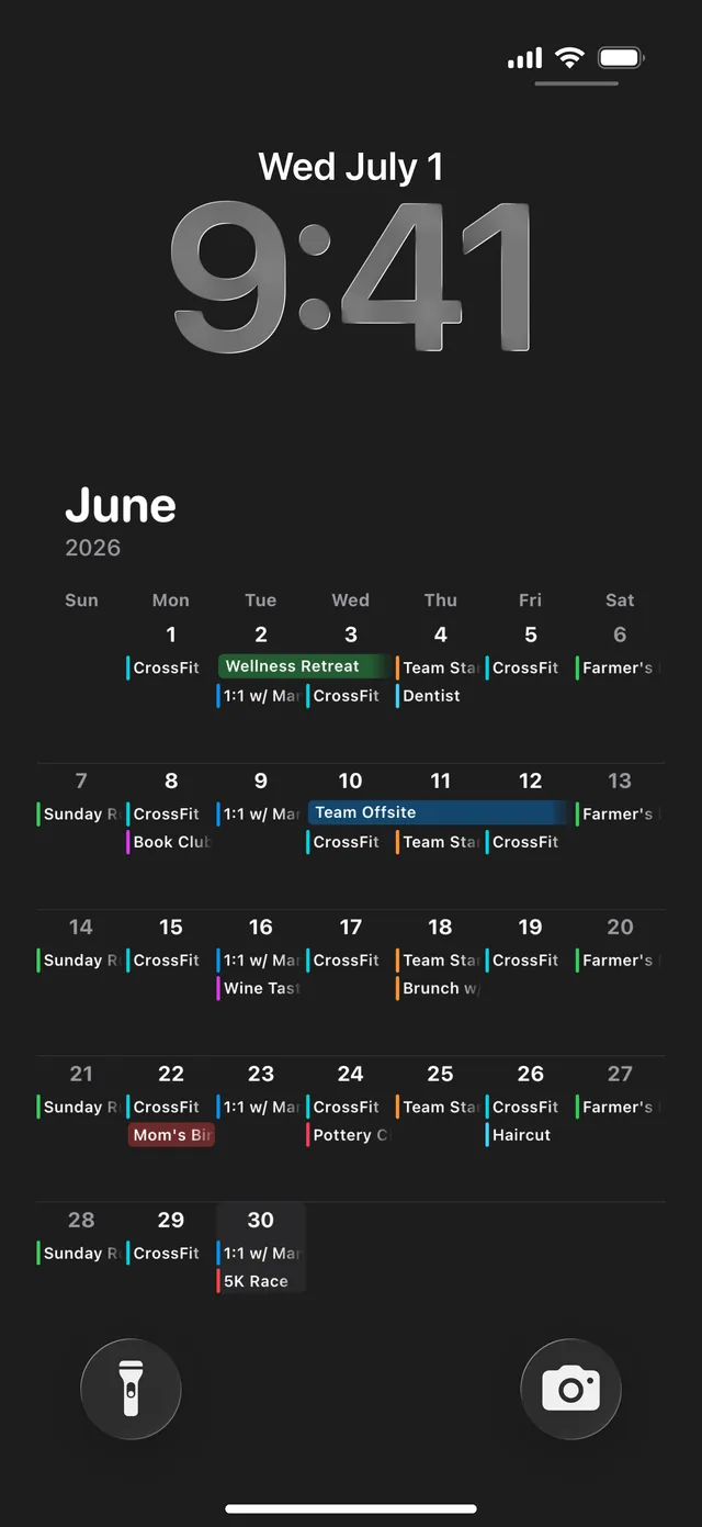 iPhone lock screen showing a full month calendar as the wallpaper — color-coded events and habits on every day, over a dark background