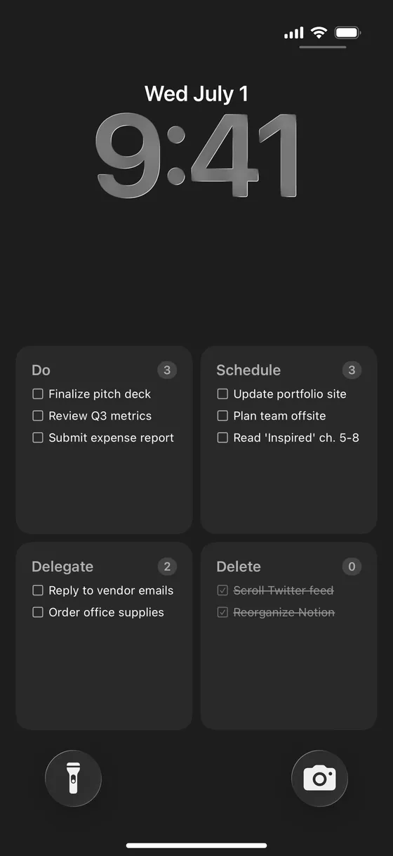 iPhone lock screen showing an Eisenhower priority matrix — Do, Schedule, Delegate, Delete — over a dark wallpaper