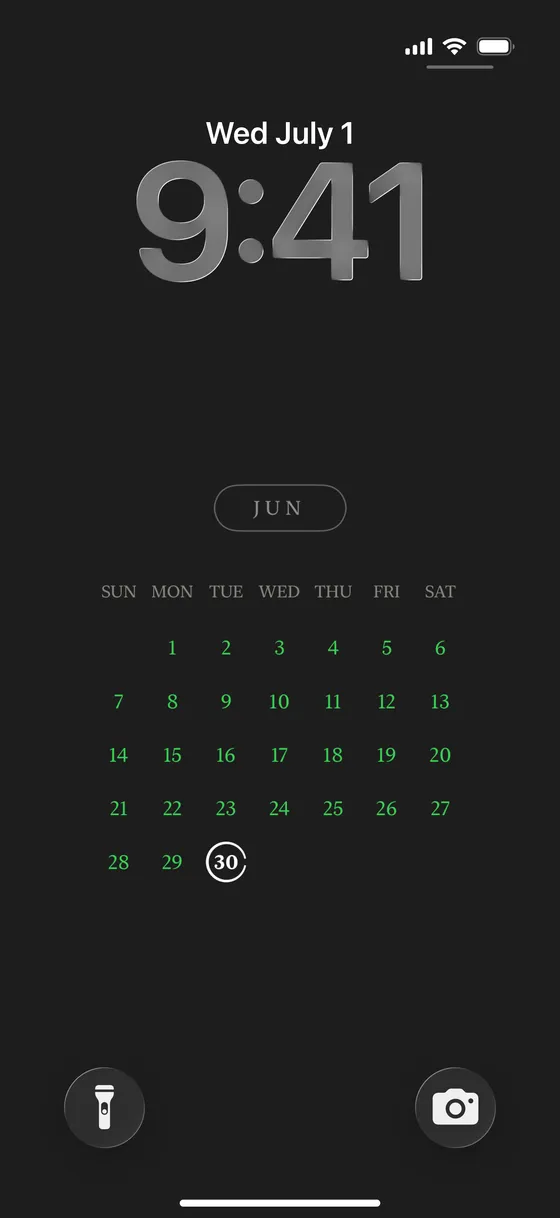 iPhone lock screen showing a minimal monthly calendar in green with today circled, over a dark wallpaper