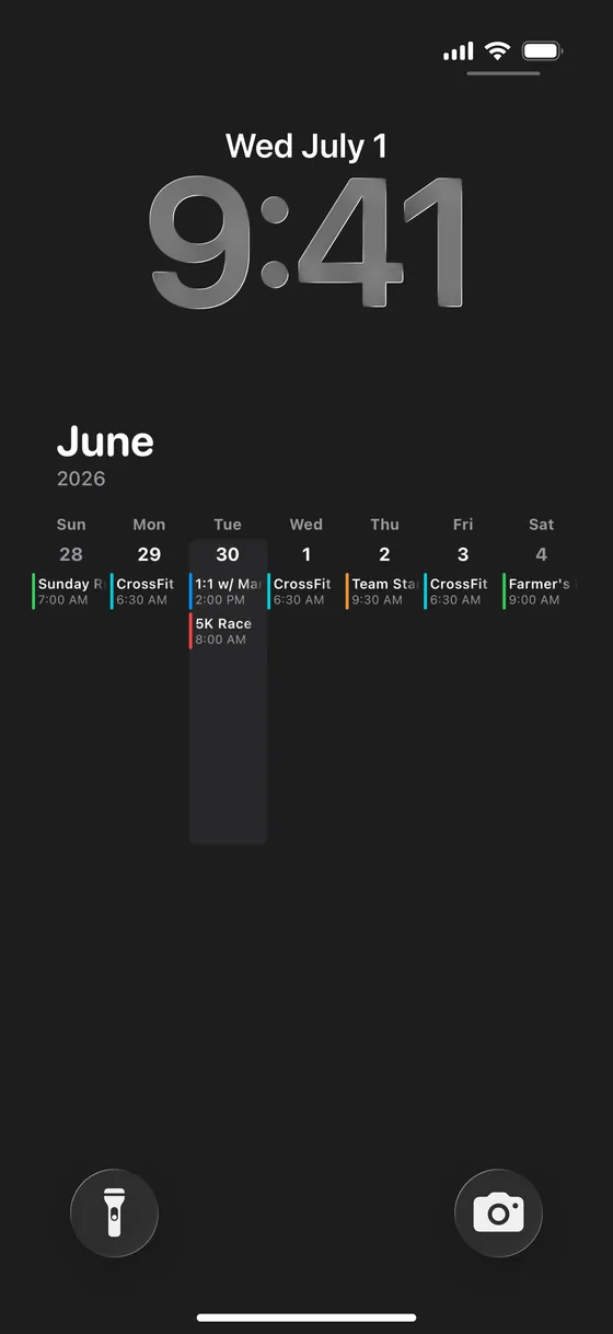 iPhone lock screen showing this week's schedule — each day's events and times laid out in a row over a dark wallpaper
