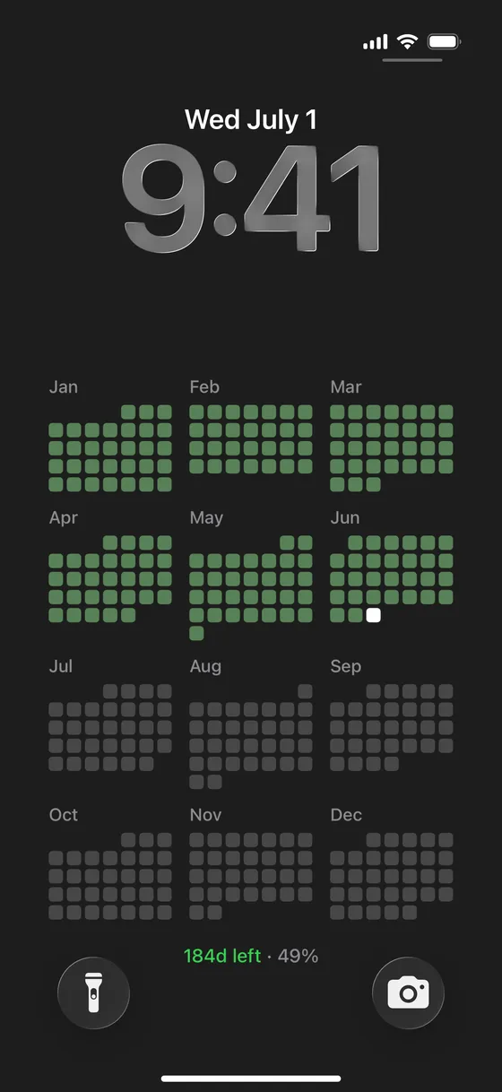 iPhone lock screen showing the whole year as twelve month grids of dots, past days filled in green, with a '184 days left · 49%' line